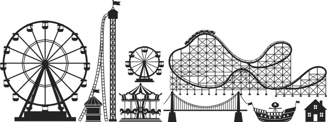 Amusement park silhouette set featuring ferris wheel roller coaster carousel pirate ship and fairground attractions vector illustration isolated on white background © Mason Murp Creations