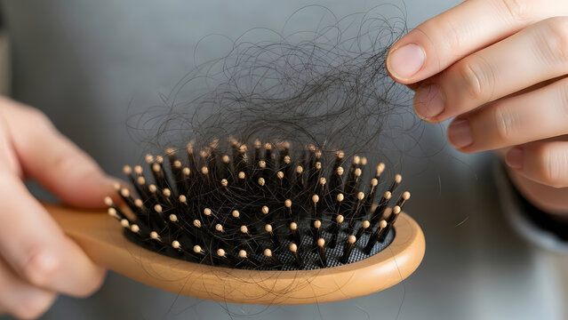 Hair loss, tangled black hair in a wooden comb, hands holding brush