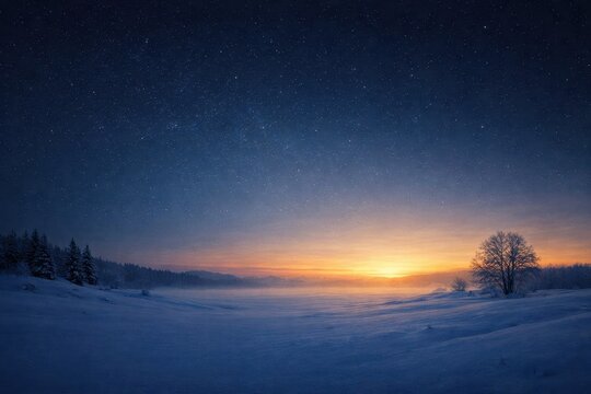 Snowy Landscape With Trees Under a Starry Sky at Dawn, Capturing the Transition From Night to Day