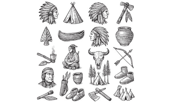 Hand Drawn Native American Teepee Headdress Vector Icons
