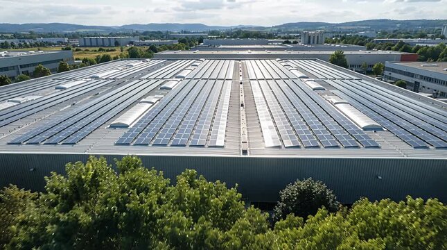 Aerial view of expansive warehouse rooftop with rows of solar panels, green trees below, industrial cityscape.