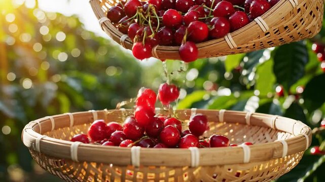 Cherry Harvesting in Orchard with Sunlight and Green Foliage