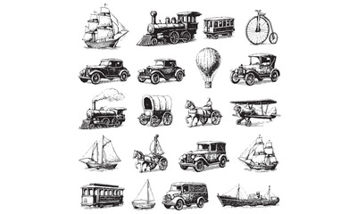 Obraz premium Vintage Transport Ship Train Balloon Doodles Vector Set