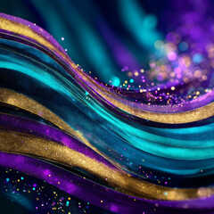 Glitter Teal Violet Golden  Wave Stripes Design Sparkle Motion Lines with bokeh effect background	