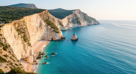 Sunlit towering white cliffs, turquoise sea, sandy beach, sea stack