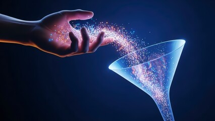 Hand pouring glowing particles into a funnel, symbolizing data processing and digital transformation.