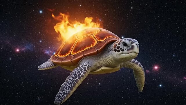 Cosmic Turtle with Fiery Shell Soaring Through Starry Galaxy.