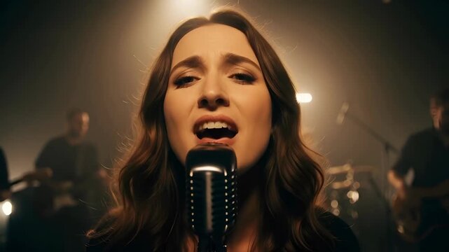 Woman singing with band on stage. Worship music concert in a church with a glowing cross. Christian praise and spiritual event. Baptist and Pentecostal services. Song to Jesus.