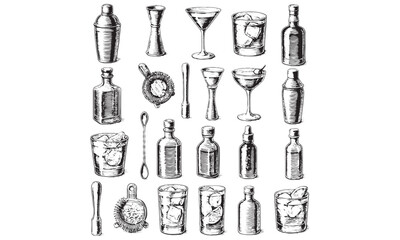 Fototapeta premium Hand Drawn Cocktail Bar Shaker Glass Bottle Mixology Set