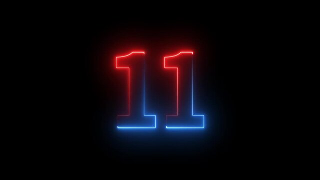 Glowing neon number eleven, dual color red and blue, isolated on black background
