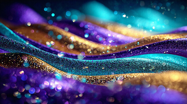 Glitter Teal Violet Golden  Wave Stripes Design Sparkle Motion Lines with bokeh effect background	