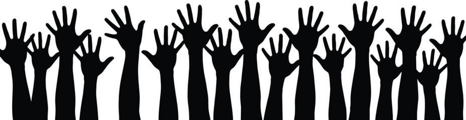 Raised hands silhouettes in a crowd, diverse community participation and volunteerism, voting and protest imagery, unity, activism, support, outreach, engagement, collective mobilization