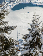 Uzungol Lake in the Winter Season Drone Photo, Black Sea Symbol Background Photo, Caykara Trabzon, Turkiye (Turkey)
