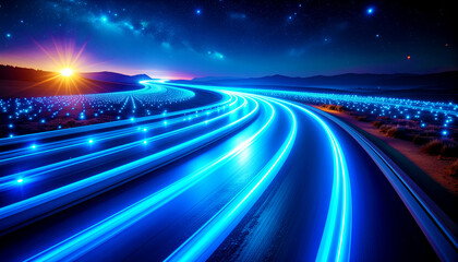 Interconnected fiber optic network, blue light.