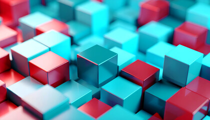 Irregular cube arrangement, cyan and red color scheme.