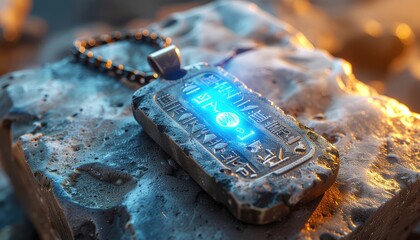 Ancient mystic amulet pendant with glowing runes on stone rock. Fantasy artifact jewelry with mystical power. Adventure game item find.