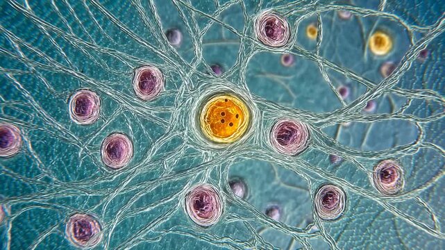 Microscopic view of a network of cells shows structural complexity, highlighting interconnectedness and the details within the cellular structure.