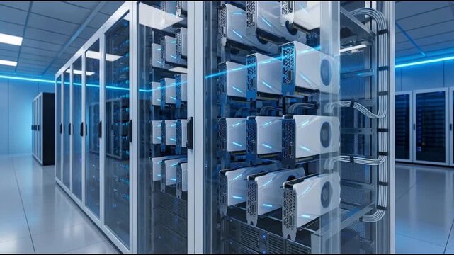 High Performance GPU Server Racks in Clean Modern Data Center Room