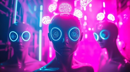 A futuristic concept featuring humanoid figures with glowing eyes and neon colors. Explore the intersection of technology and imagination. Generative AI