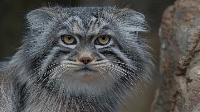 A very close-up portrait of a furry expressive wild pallas cat with golden eyes. Photographed outdoors near a rocky surface, with a curious look. 