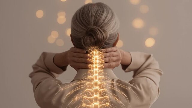 Elderly lady massages neck with skeletal system highlighted. Posture, joint pain, spine health and physiotherapy concept. Light bokeh backdrops.