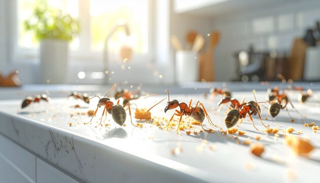 Ants gather on kitchen counter in daylight searching for food crumbs and debris after meal preparation