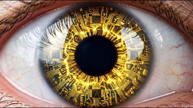 Macro Close Up of Human Eye with Gold Digital Circuit Iris and Microchip