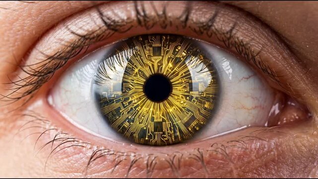 Macro Close Up of Human Eye with Golden Digital Circuit Iris