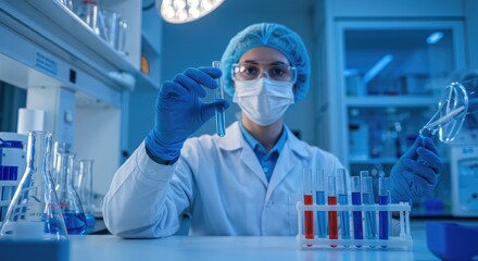 Focused Scientist Examining Blue Liquid in Test Tube in a Modern Laboratory