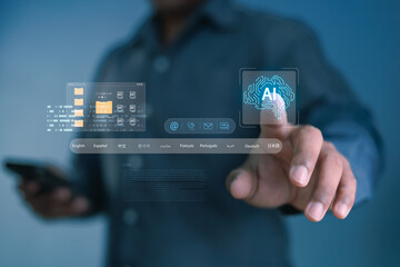 Businessman touching virtual AI brain icon on futuristic interface. Concept of artificial intelligence, global translation, and digital data management for smart business technology solutions.