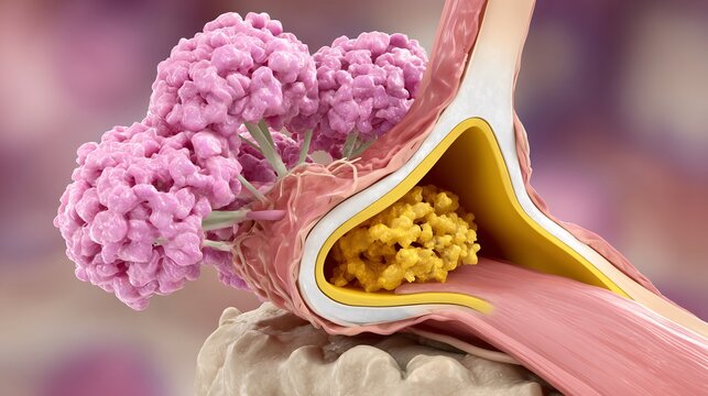 Flat realistic illustration of nasal polyp tumor showing nasal cavity growth simple pastel gradients clinical ENT diagram