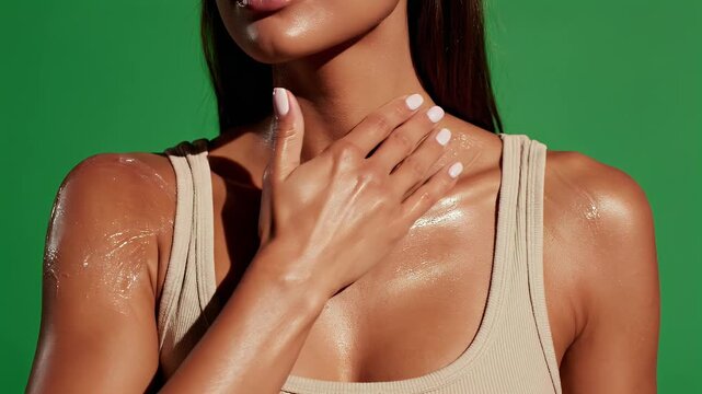 Close Up of Tanned Woman Applying Oil to Shoulder representing Summer Bronzing Aesthetics