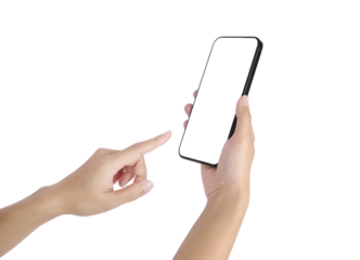 Smartphone mockup in hand with blank screen isolated on white background mobile app presentation digital marketing user interface design online communication modern technology concept.PNG file