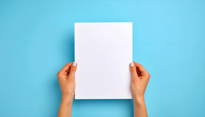 close up hands holding empty white blank letter paper size A4 for flyer or invitation mock up isolated on a blue background.