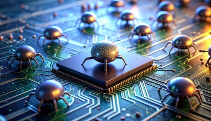 Computer bugs crawling over chipset, stylized render. Cyber security risk, vulnerability threat, digital infestation, futuristic, tech. Very long.