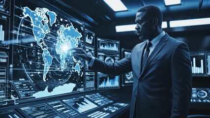 Man in a suit interacting with a futuristic world map display. - Powered by Adobe