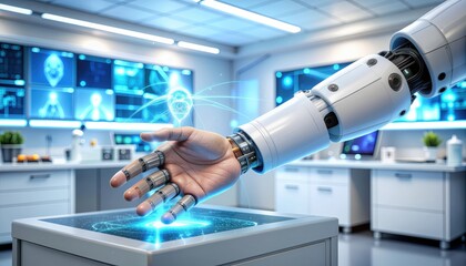 Robotic arm reaches for holographic display in futuristic lab, artificial intelligence, tech, modern, technology, innovation, science, futuristic, concept