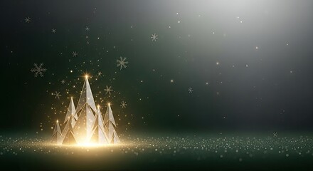 A golden Christmas tree with snowflakes and stars on a dark background.