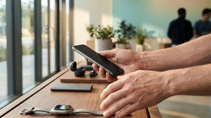 Person using smartphone on wooden desk with modern office background