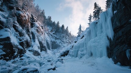 Snowy canyon scene with icefalls and evergreen trees under a cloudy sky