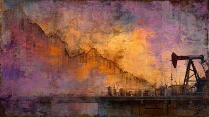 Surreal Scene of Oil Price Decline Charts and Market Crashes in Warm Hues Capturing Dynamic Trends for Financial Advertising
