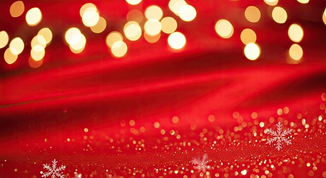 Red and gold Christmas lights on a red background with snowflakes. - Powered by Adobe
