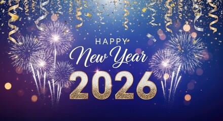 A festive blue background with fireworks and confetti, celebrating the New Year 2026.