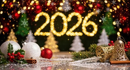 Christmas decorations with a 2026 year sign and festive ornaments.