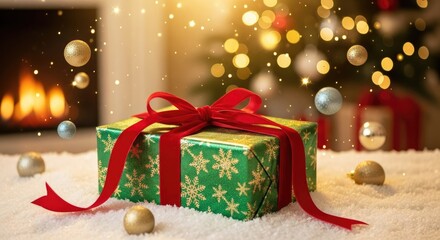A beautifully wrapped gift box with a red ribbon and gold snowflake pattern, placed on a snowy surface with festive ornaments and a fireplace in the background.