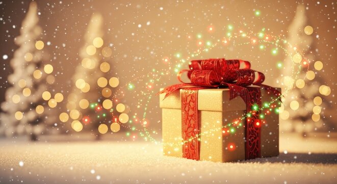 A beautifully wrapped gift box with a red ribbon and bow, placed on a snowy surface with snowflakes falling, against a backdrop of snow-covered trees and glowing lights. - Powered by Adobe