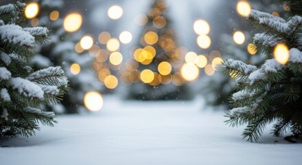 Christmas tree with lights in a snowy forest. The festive concept of holiday cheer and winter wonderland.