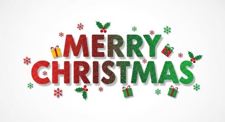 Christmas-themed text with green and red glittering letters and festive decorations.