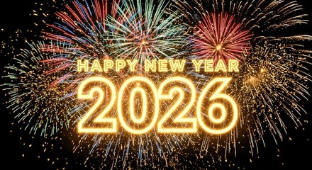 A vibrant fireworks display against a black sky, celebrating the new year 2026 with colorful explosions.