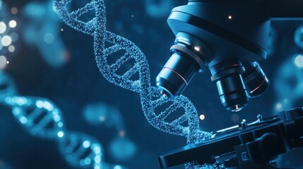 DNA helix with a microscope in the foreground, in a dark-blue environment